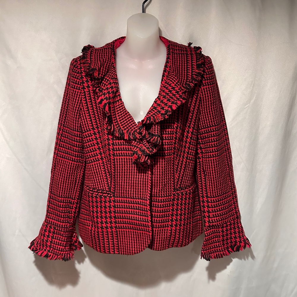 Red and Black Houndstooth Blazer Fringe Trim Bell Sleeves Size 10T